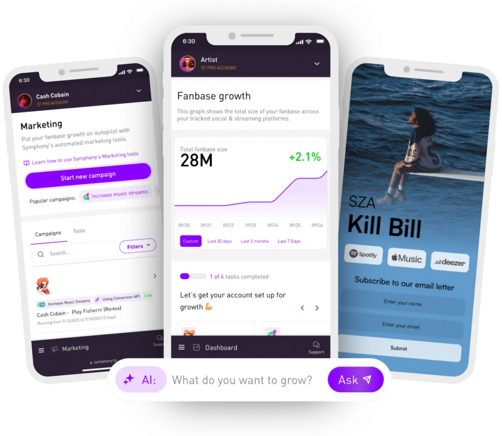 Tres pantallas de smartphone muestran aplicaciones para campañas de marketing, análisis de crecimiento de la base de fans y una página web para "Kill Bill" de SZA con opciones para suscribirse y escuchar.