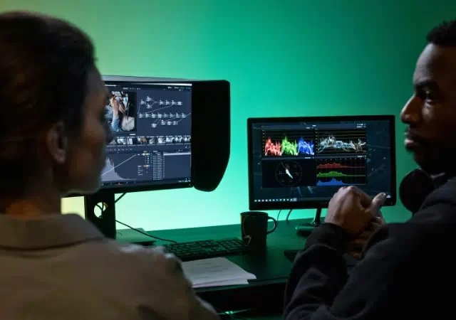 Dos personas se sientan frente a monitores de computadora que muestran software de edición de video con formas de onda coloridas, integrando sin problemas herramientas de analítica musical, en una sala con un fondo de gradiente verde y amarillo.