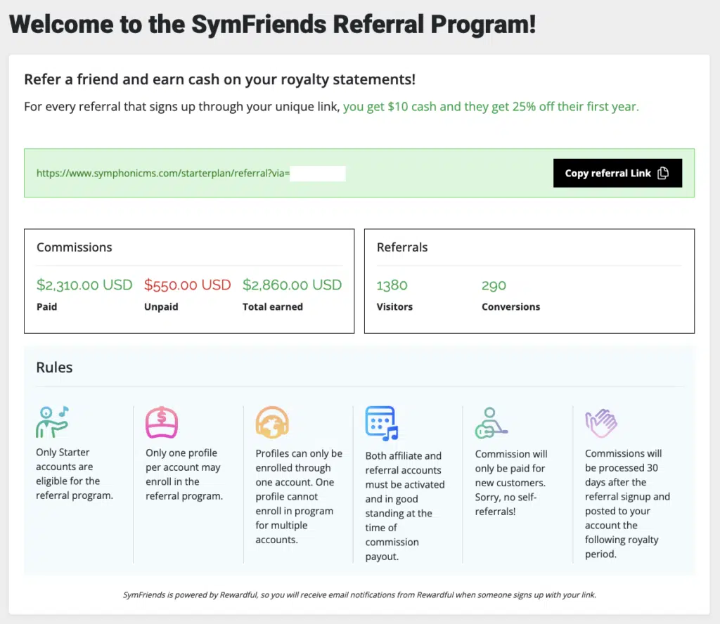 Captura del panel de control del Programa de Referidos SymFriends mostrando ganancias, estadísticas de visitas y reglas del programa. Incluye un enlace de referido con un botón para copiarlo. Las secciones están divididas en recuadros de colores.