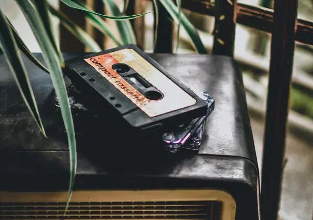 Una cinta de casete etiquetada como "compact cassette" descansa sobre una radio vintage, con hojas de plantas visibles parcialmente en primer plano.