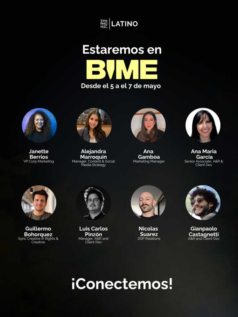 Póster promocional del evento BIME, del 5 al 7 de mayo, que presenta a ocho ponentes con sus nombres, cargos y fotos sobre un fondo oscuro, incluyendo la frase "¡Conectemos!" en la parte inferior. ¡Únete a nosotros en BIME para inspiración y networking!