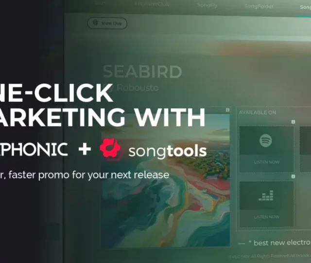 Un gráfico promocional de marketing con un solo clic utilizando Symphonic y SongTools, con logotipos y una interfaz de plataforma musical desenfocada de fondo.