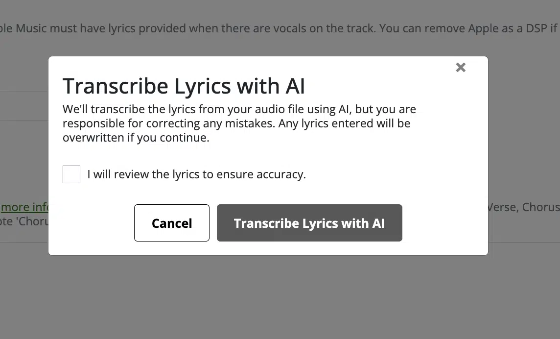 Una ventana emergente titulada "Transcribir letras con IA" solicita a los usuarios revisar la transcripción para asegurar su precisión antes de continuar. Hay botones de "Cancelar" y "Transcribir letras con IA".