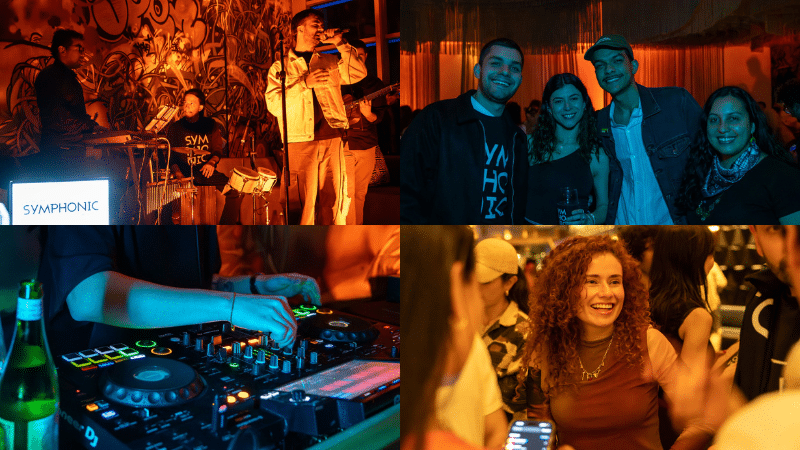 Un collage creativo muestra una banda en vivo, un grupo de personas posando, manos manejando una mezcladora de DJ y una mujer sonriendo en una fiesta.