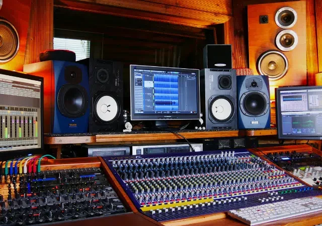 Una configuración profesional de estudio de grabación con varios monitores, consolas de mezcla de audio, altavoces y varios equipos de audio en una sala revestida de madera: ideal para artistas y sesiones de sello.