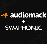 Logos de Audiomack y Symphonic mostrados sobre un fondo negro con sutiles patrones de ondas, separados por un signo de suma, resaltan una colaboración dinámica con Audiomack.