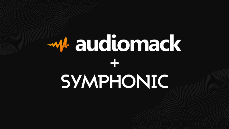 Logos de Audiomack y Symphonic mostrados sobre un fondo negro con sutiles patrones de ondas, separados por un signo de suma, resaltan una colaboración dinámica con Audiomack.