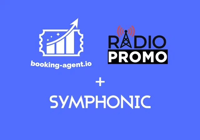 Los logos de booking-agent.io, Radio Promo y Symphonic —actores clave en el booking musical— se muestran sobre un fondo azul, separados por signos de más.