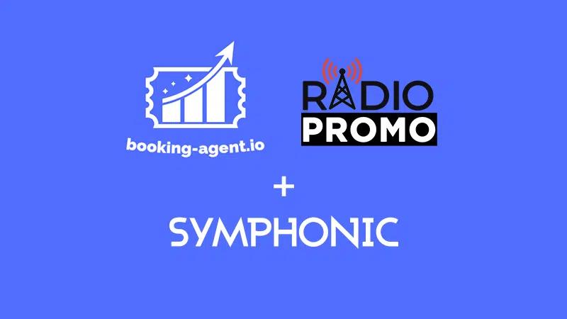 Los logos de booking-agent.io, Radio Promo y Symphonic —actores clave en el booking musical— se muestran sobre un fondo azul, separados por signos de más.