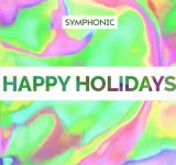 El texto dice “SYMPHONIC”, “HAPPY HOLIDAYS” y destaca un resumen del año sobre un fondo brillante e iridiscente con colores pastel en espiral.