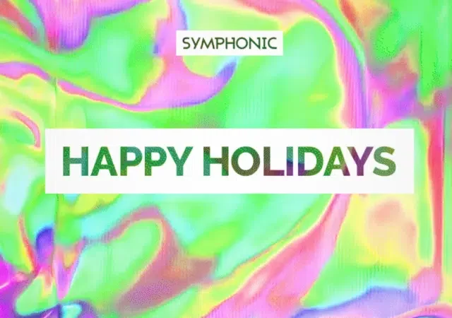 El texto dice “SYMPHONIC”, “HAPPY HOLIDAYS” y destaca un resumen del año sobre un fondo brillante e iridiscente con colores pastel en espiral.