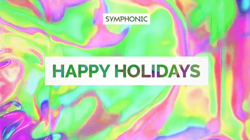 El texto dice “SYMPHONIC”, “HAPPY HOLIDAYS” y destaca un resumen del año sobre un fondo brillante e iridiscente con colores pastel en espiral.