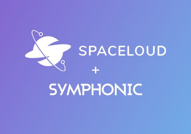 Los logos de SpaceLoud y Symphonic aparecen sobre un fondo degradado de púrpura a azul, con un signo de suma entre los nombres que indica una alianza o colaboración.
