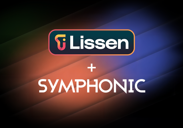Logotipo de Lissen sobre la palabra "Symphonic" con un signo de suma entre ambos, sobre un fondo degradado vibrante inspirado en los colores de Lissen.