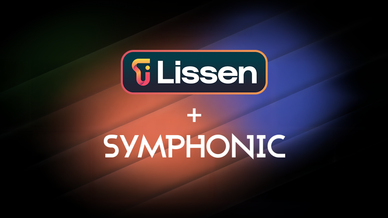 Logotipo de Lissen sobre la palabra "Symphonic" con un signo de suma entre ambos, sobre un fondo degradado vibrante inspirado en los colores de Lissen.