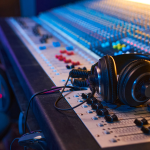Unos audífonos descansan sobre una gran consola de mezcla de audio con numerosos botones, perillas y faders en un estudio de grabación, donde ingenieros de sonido gestionan datos de audio para lograr grabaciones perfectas.