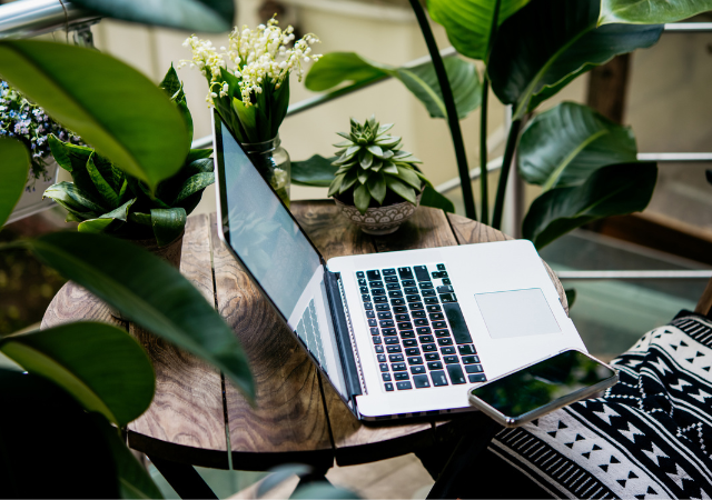 Una laptop y un smartphone están sobre una mesa de madera rodeada de plantas verdes, listos para una masterclass online, con un cojín estampado en una silla cercana.